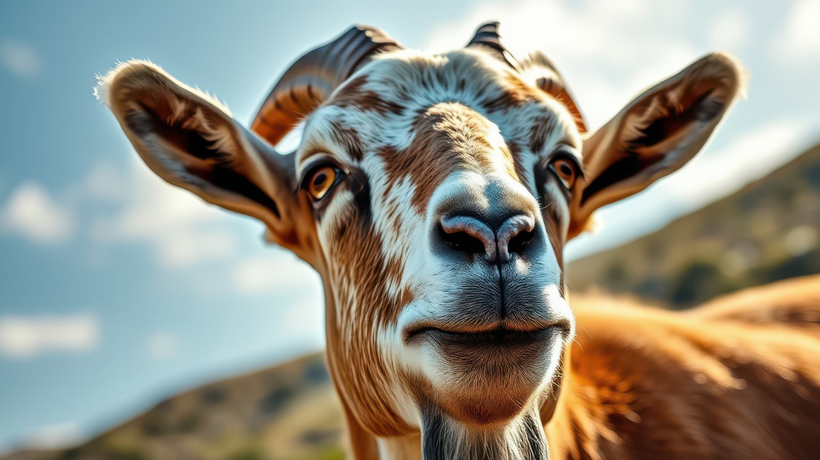 Goat with striking expression in natural habitat under a clear blue sky